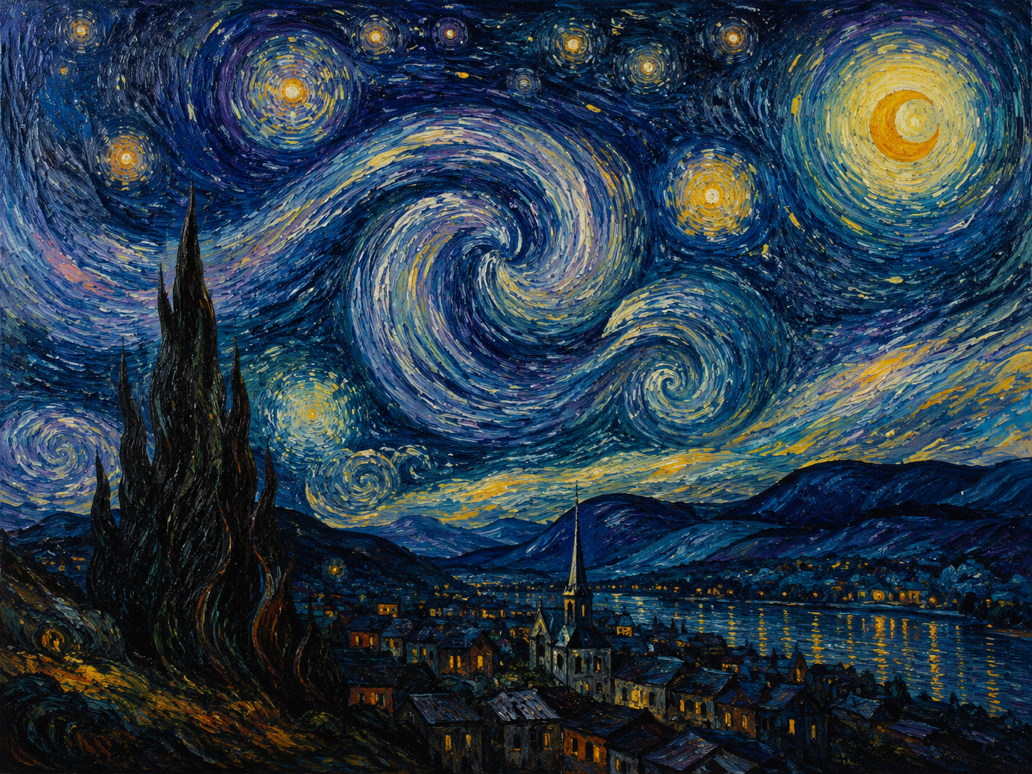 Starry night sky spiral study with expressive swirling movement over a village