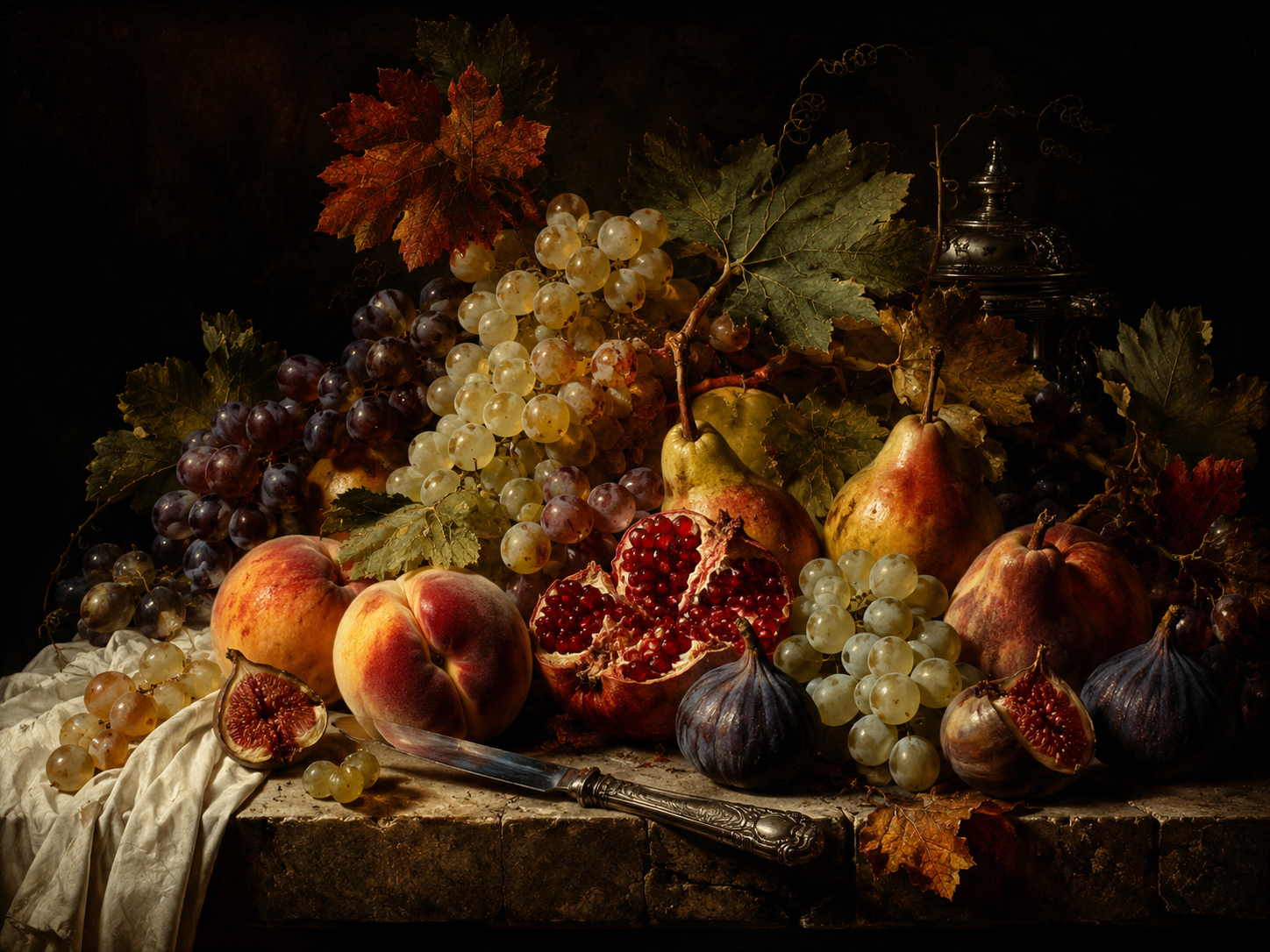 Baroque still life with fruit, foliage, and theatrical light