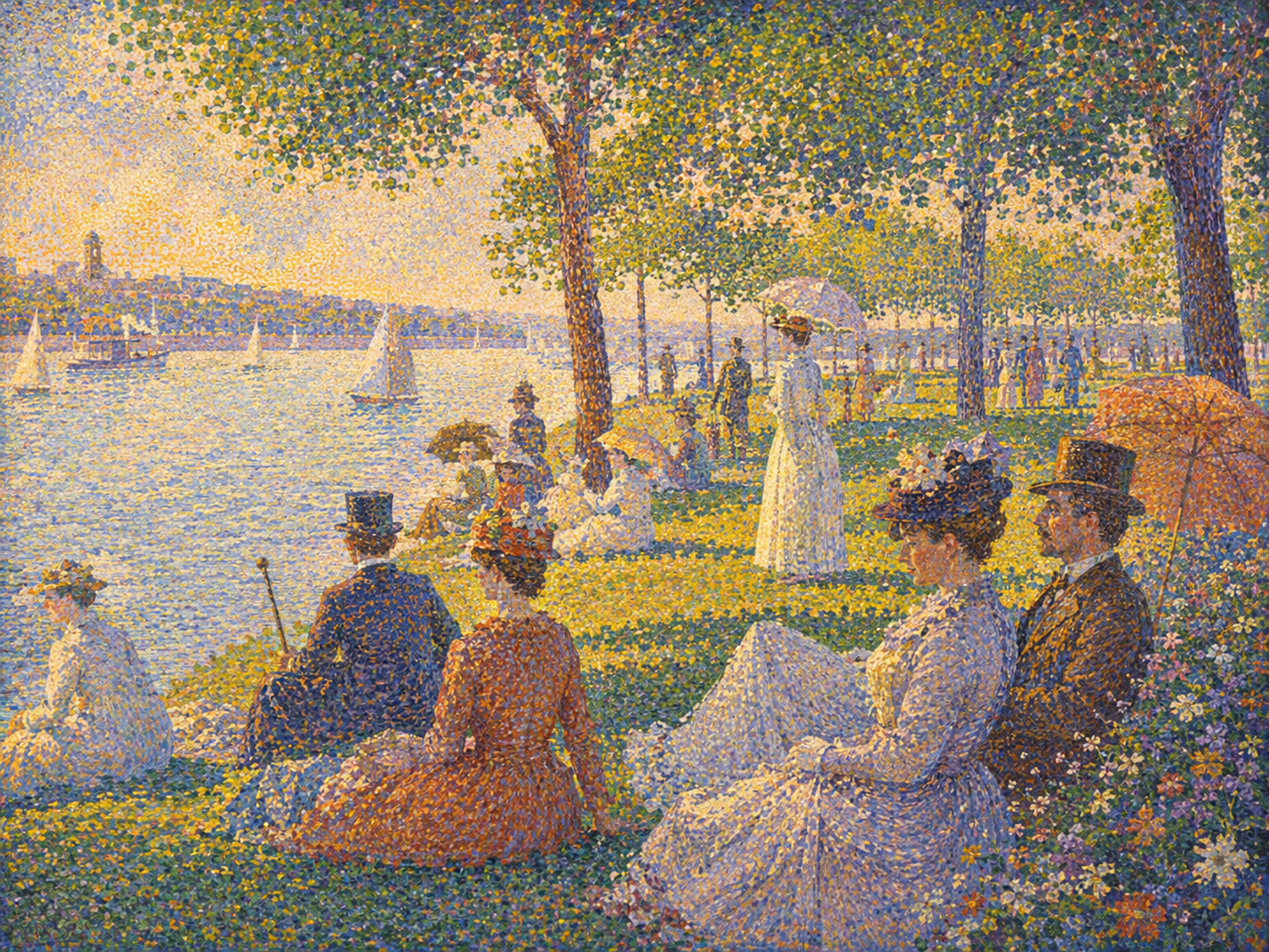 Pointillist riverside promenade inspired by famous public-domain art history