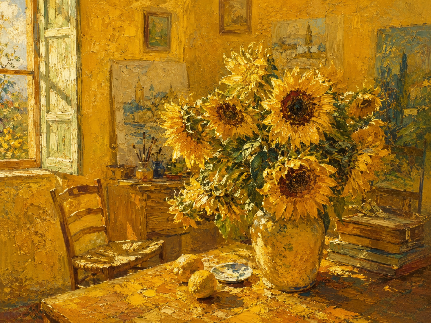 Sunflowers in a yellow artist room with warm expressive light