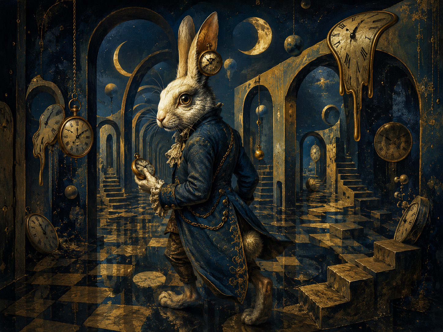 Surreal Clock Rabbit in an impossible corridor