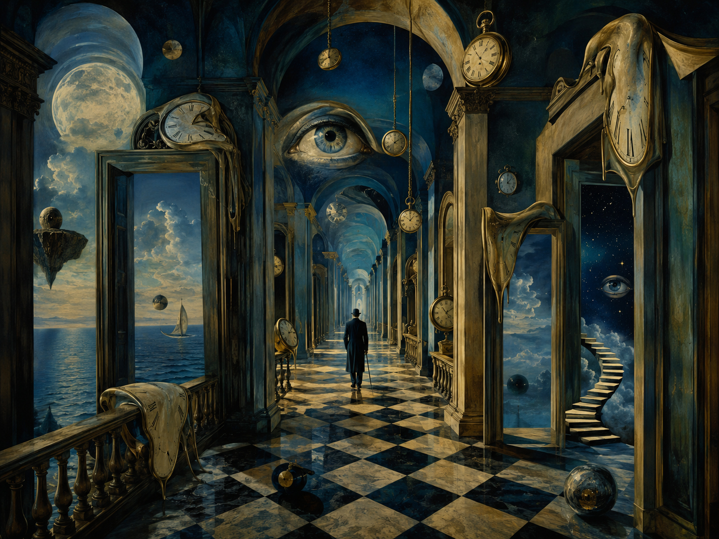 Surreal corridor filled with dreamlike clocks and impossible space