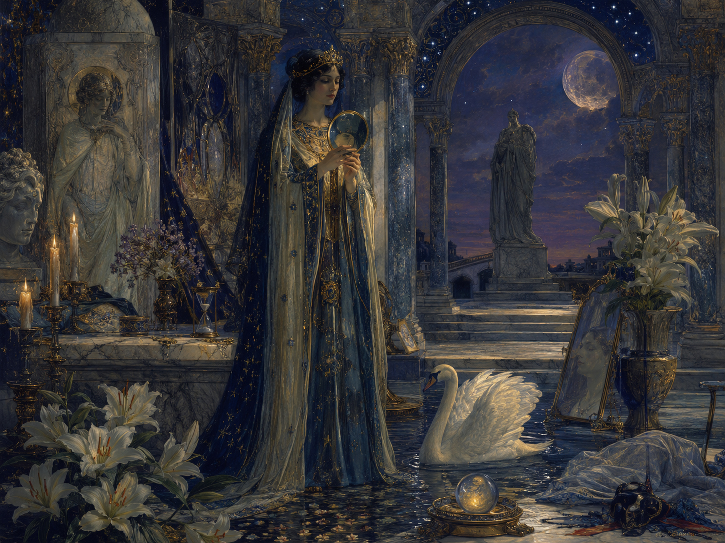 Symbolist dream temple glowing under moonlight