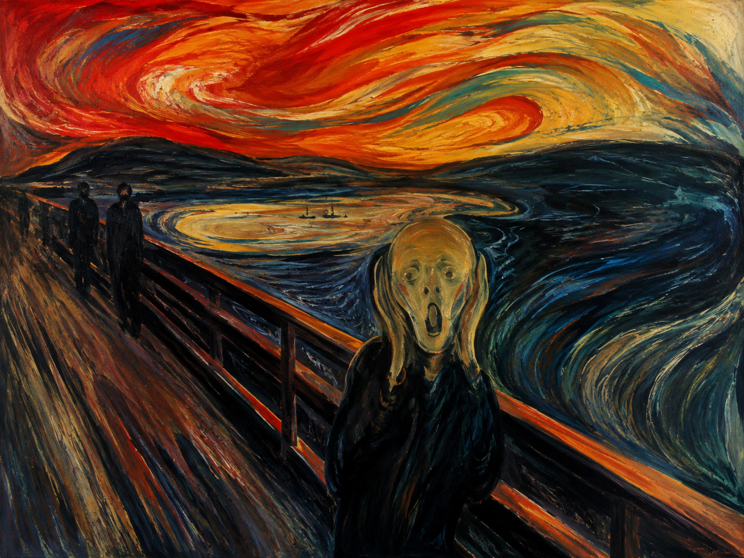 Expressionist bridge of feeling with turbulent sky and emotional figure