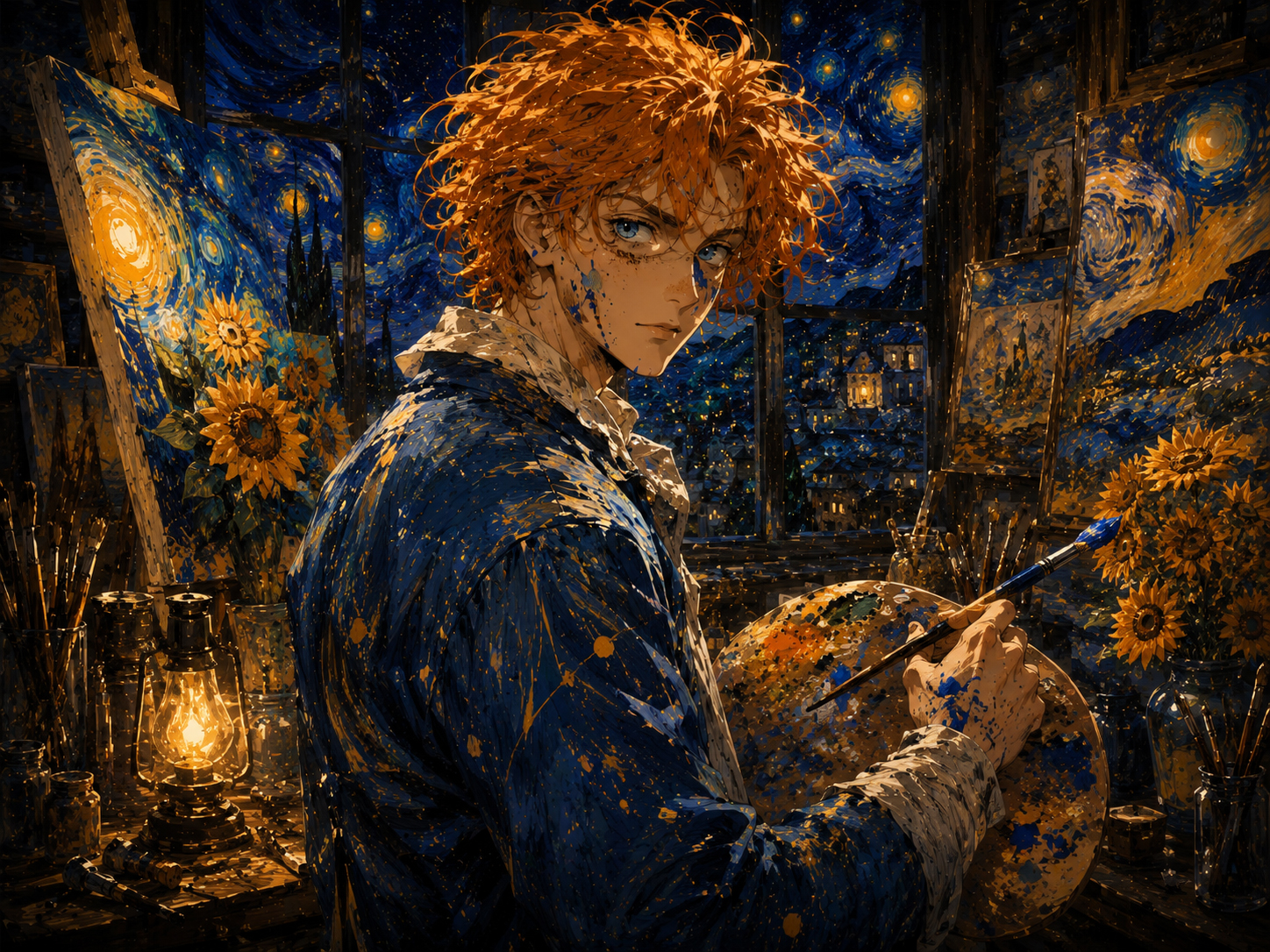Van Gogh Boy character portrait in a starry painted studio with expressive color and swirling night light