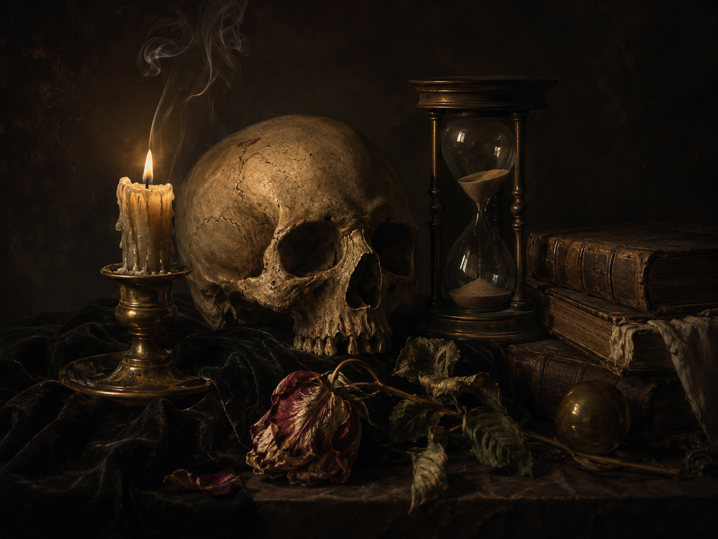 Baroque vanitas still life with skull, candle, and dramatic shadow