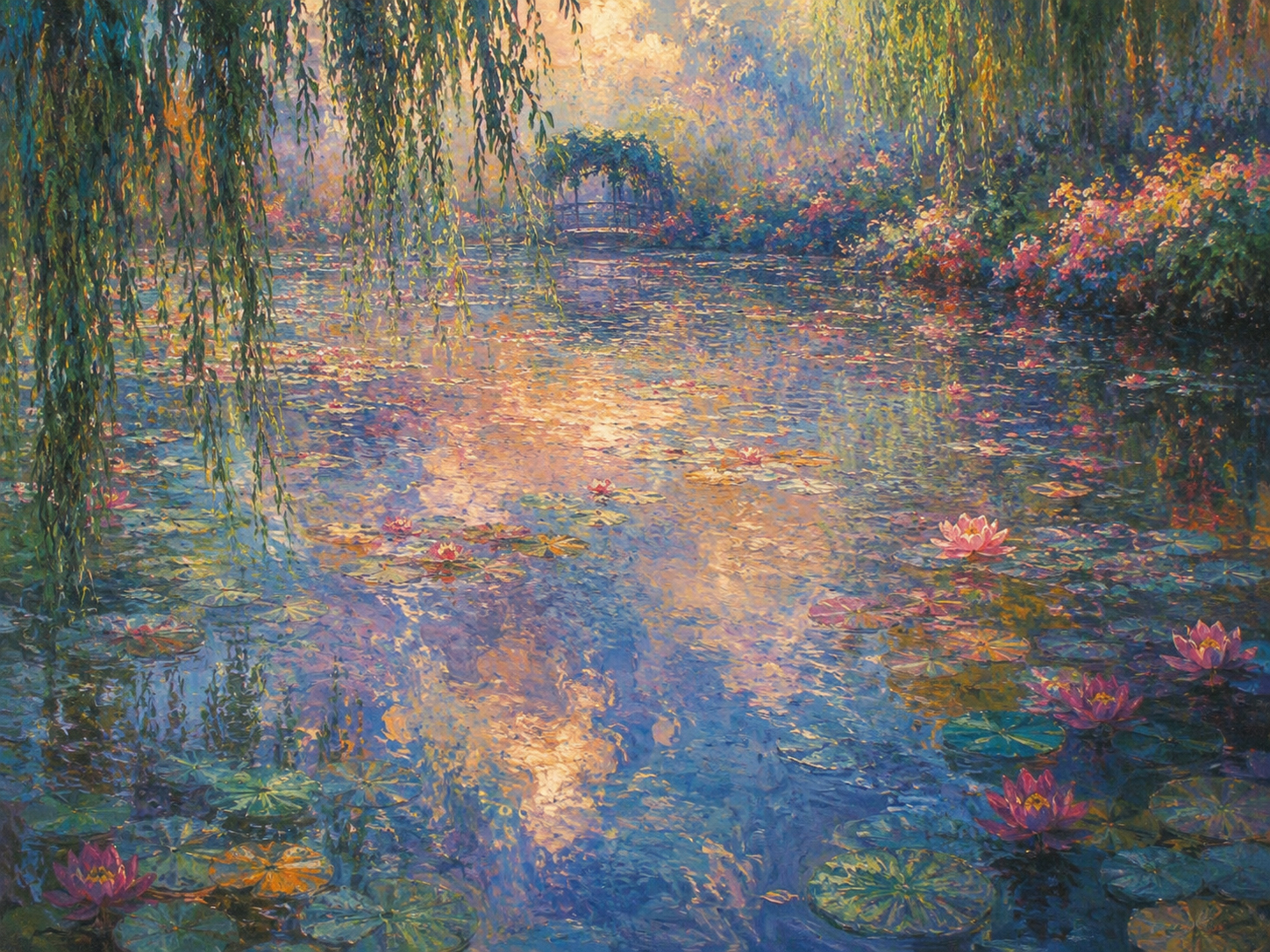 Water lilies and reflections in a soft Impressionist pond kingdom
